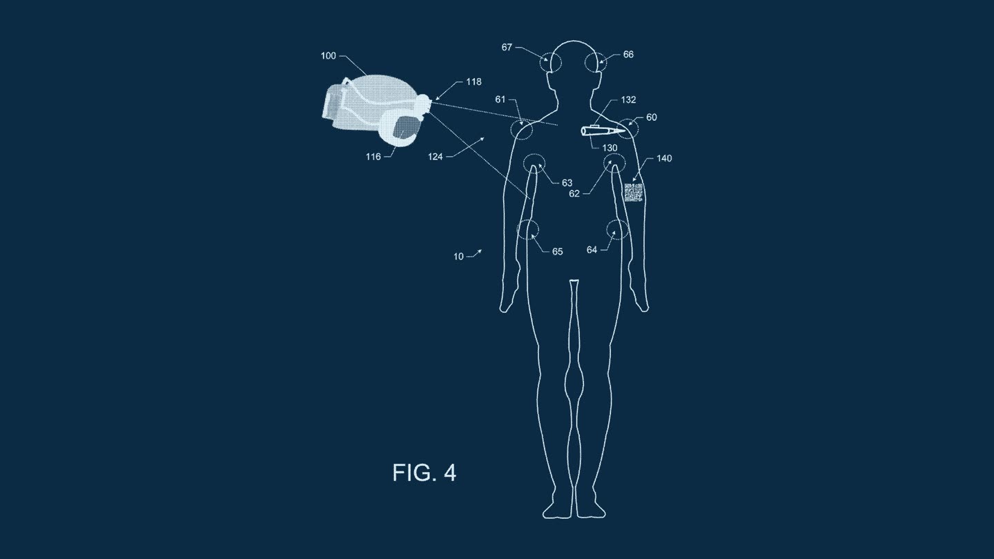 Patent drawing: a headset wearer marking external landmarks on a patient's body